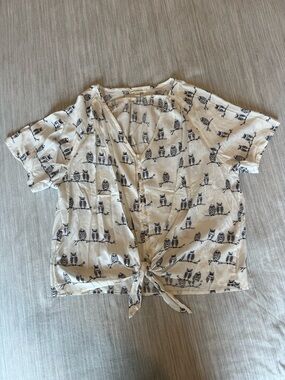 beachlunchlounge Owl Print Tie Hem Blouse Top - Size L